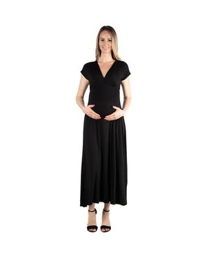 24seven Comfort Apparel Maternity Cap Sleeve V-Neck Maxi Dress - Black