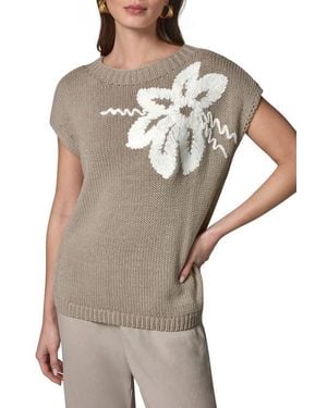 Donna Karan Floral Embroidered Short Sleeve Sweater - Gray