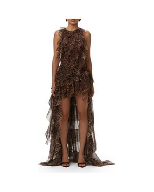 Naked Wardrobe Leopard-Print Ruffled Chiffon High-Low Dress - Brown