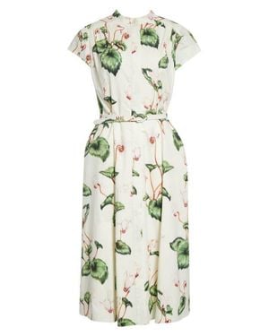 Oscar de la Renta Chine Cyclamen Cap Sleeve Poplin Dress - White