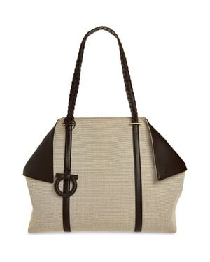 Ferragamo Large Folded Canvas & Leather Tote - Brown