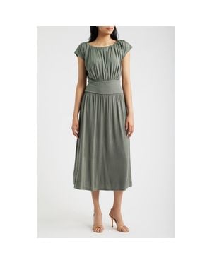 Loveappella Cap Sleeve Ruched Knit Midi Dress - Green