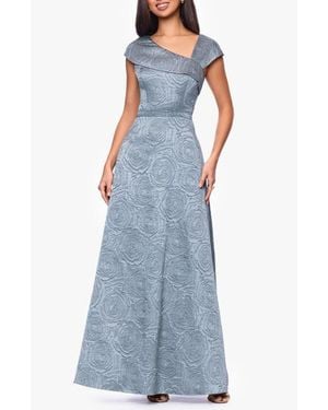Xscape Evenings Floral Brocade Asymmetric Neck Gown - Blue