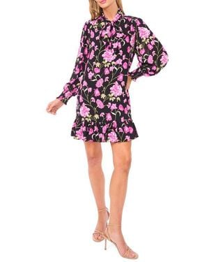 Cece Floral Tie Neck Long Sleeve Dress - Red