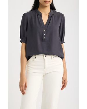 Cloth & Stone Puff Sleeve Half Placket Top - Blue