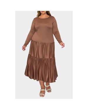L I V D Eliana Long Sleeve Tiered Midi Dress - Brown