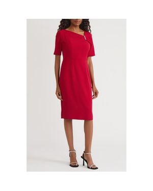 Kasper Asymmetric Neck Sheath Dress - Red