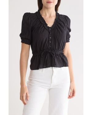 Steve Madden Shadow Stripe Ruffle Cotton Button Top - Black