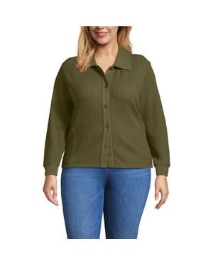 Lands' End Plus Size Long Sleeve Waffle Collared Shacket - Green