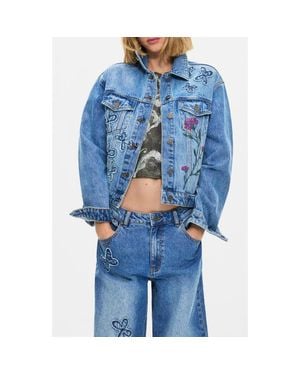 Desigual Embroidered Detail Denim Trucker Jacket - Blue