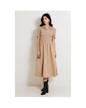 Modenaire Polo Collar Short-Sleeve Gathered A-Line Midi Sweater Dress - Natural