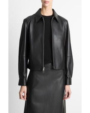 Vince Leather Cropped Zip-Front Jacket - Black