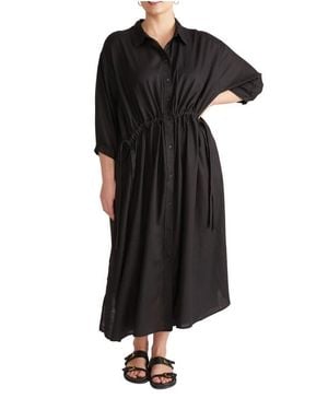 UNIVERSAL STANDARD Drawstring Waist Button-Up Linen Blend Shirtdress - Black
