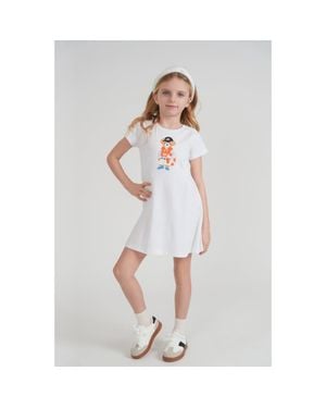 Fragile Bear Print Cotton A-Line Dress - White