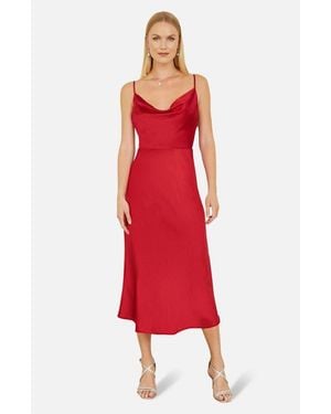Yumi' Satin Cowl Neck Midi Dress - Red