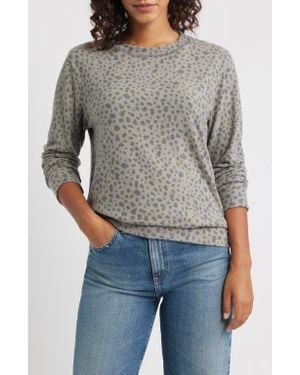 Loveappella Brushed Animal Print Long Sleeve Crewneck Top - Gray