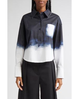 Jason Wu Smudged Button Front Stretch Cotton Canvas Top - Blue