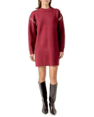English Factory Whipstitch Long Sleeve Sweater Minidress - Red