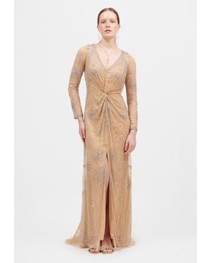 Beauut Embellished Sequin Beaded Maxi Dress With V-Neck - Natural
