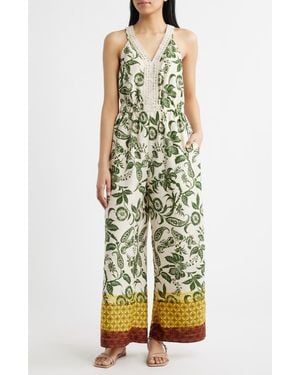City Blues Floral Print Sleeveless Wide Leg Jumpsuit - Yellow