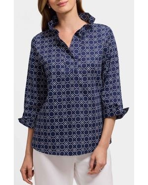 Foxcroft Tammy Cotton Ruffle Collar Top - Blue
