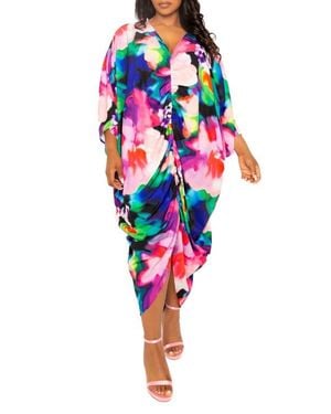 Buxom Couture Abstract Floral Center Ruched Dress - Red