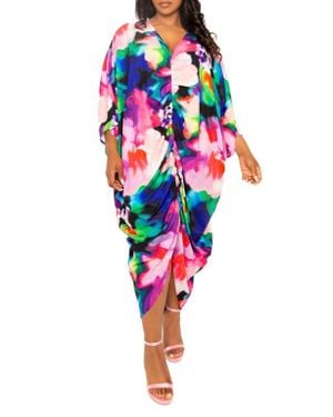 Buxom Couture Abstract Floral Center Ruched Dress - Red