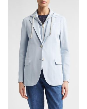 Eleventy Laser Cut Cotton Blend Knit Jacket With Hooded Zip Inset - Blue