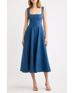 Odd Muse Square Neck Cotton Blend Denim Midi Dress - Blue