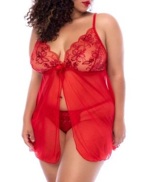MAPALE Sequin Lace Split Babydoll Chemise - Red