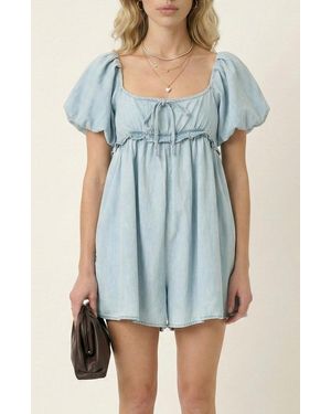 Modenaire Puff Sleeve Romper With Tie Front And Relaxed Flowy Fit - Blue