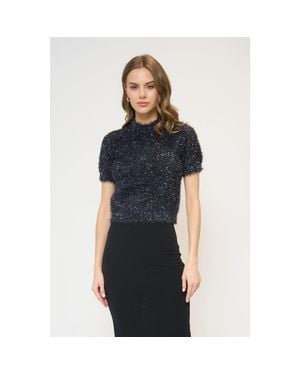 Central Park West Colette Eyelash Lurex Cap Slv Crew - Blue