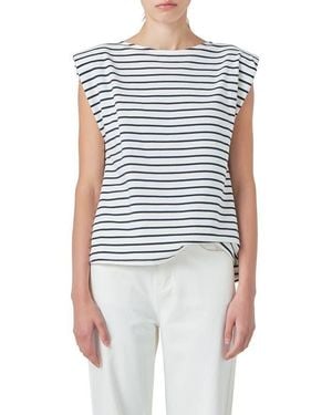 Grey Lab Stripe Padded Shoulder Muscle T-Shirt - Blue