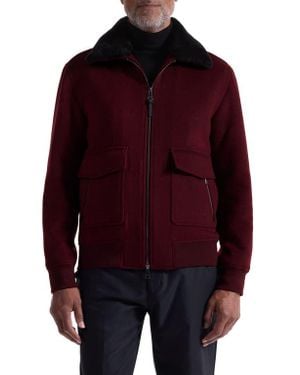 Bugatchi Wool Blend Bomber Jacket With Detachable Genuine Shearling Collar - Red