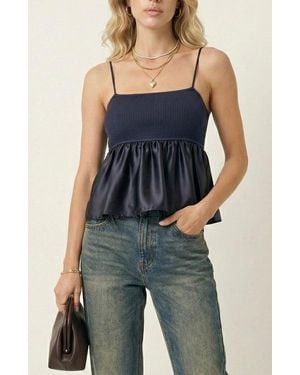 Modenaire Knit Ribbed Bodice Satin Babydoll Cami Top - Blue