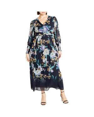 City Chic Selena Floral Long Sleeve Chiffon Maxi Dress - Blue