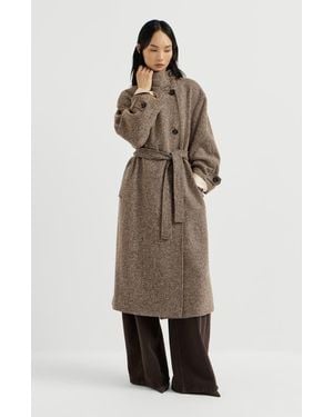 Brunello Cucinelli Sparkling Virgin Wool Chevron Belted Coat With Monili - Natural