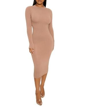 Naked Wardrobe The Nw Long Sleeve Midi Dress - Natural