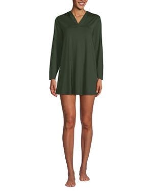 Lands' End Cotton Jersey Long Sleeve Hooded Swim Cover-Up Dress - Green