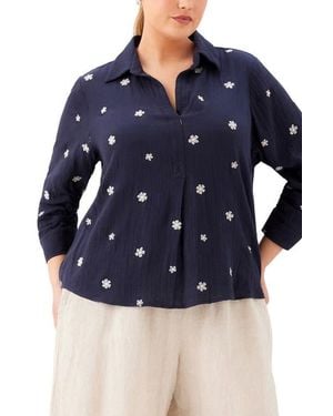 Karen Kane Embroidered Ruched Sleeve Shirt - Blue