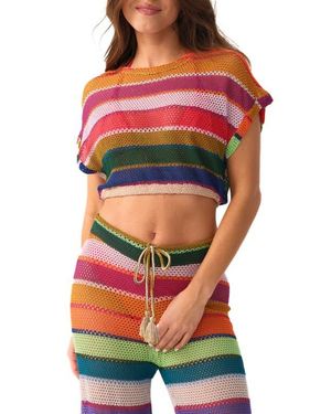 PQ Swim Renee Stripe Sheer Crop Cover-Up Top - Red