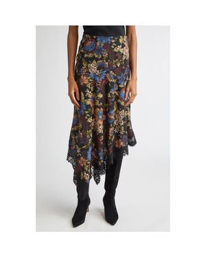 Veronica Beard Rosemary Floral Asymmetric Hem Stretch Silk Skirt - Black