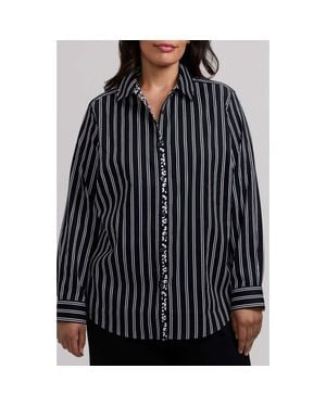 Foxcroft Charlie Stripe Animal Print Trim Cotton Button-Up Shirt - Black
