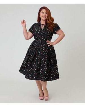 Unique Vintage Plus Size Short Petal Sleeve Tie Neck Dahlia Swing Dress - Black
