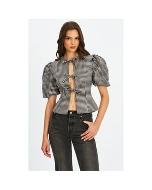 Miss Circle Qusayla Bow Tie Front Gingham Puff Sleeve Top - Gray