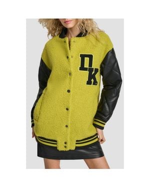 DKNY Logo Bouclé & Faux Leather Varsity Jacket - Yellow