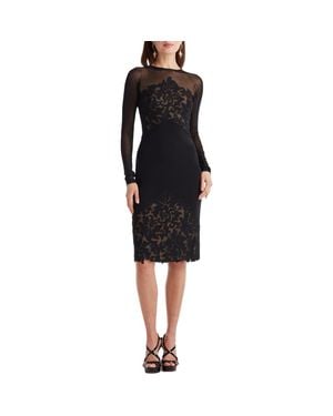Tadashi Shoji Illusion Neck Laser Cut Long Sleeve Mesh Cocktail Dress - Black