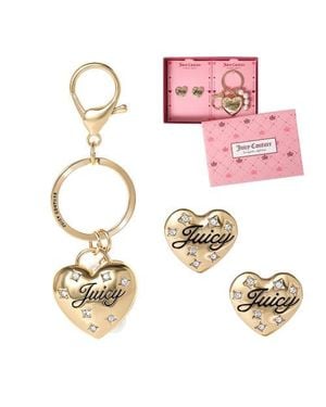 Juicy Couture Heart Keychain & Earring Set With Crystal Accents - Metallic
