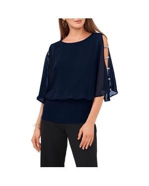 Chaus Split Sleeve Rhinestone Blouse - Blue