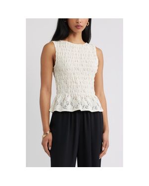 Open Edit Smocked Lace Peplum Top - White